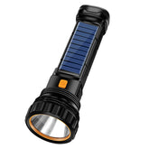 E-SHIDAI solar rechargeable flashlight with a 1000-lumen main beam for outdoor use.