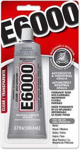 E6000 adhesive bottle front view, versatile bonding for metal, wood, glass.