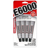 E6000 craft adhesive mini tubes in a four-pack ideal for jewelry, fabric, and wood repairs.
