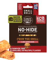 Earth Animal No Hide Rolls Bacon Cheeseburger small dog chew close-up, supports teeth and gums.