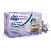Earth Breeze Lavender Dryer Sheet pack showcases brand and 3-in-1 care benefits