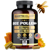 Earth Elixir 3-in-1 organic bee pollen capsules packaging highlights clean, non-GMO vitality for daily use