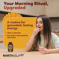 Earth Elixir royal jelly capsules closeup emphasizes premium ingredients for balanced mood and recovery