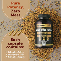 Earth Elixir bee pollen capsules closeup shows potent natural nutrients supporting energy during busy days