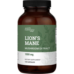 Earth Harmony Naturals Lions Mane capsules bottle on a clean desk for daily focus.
