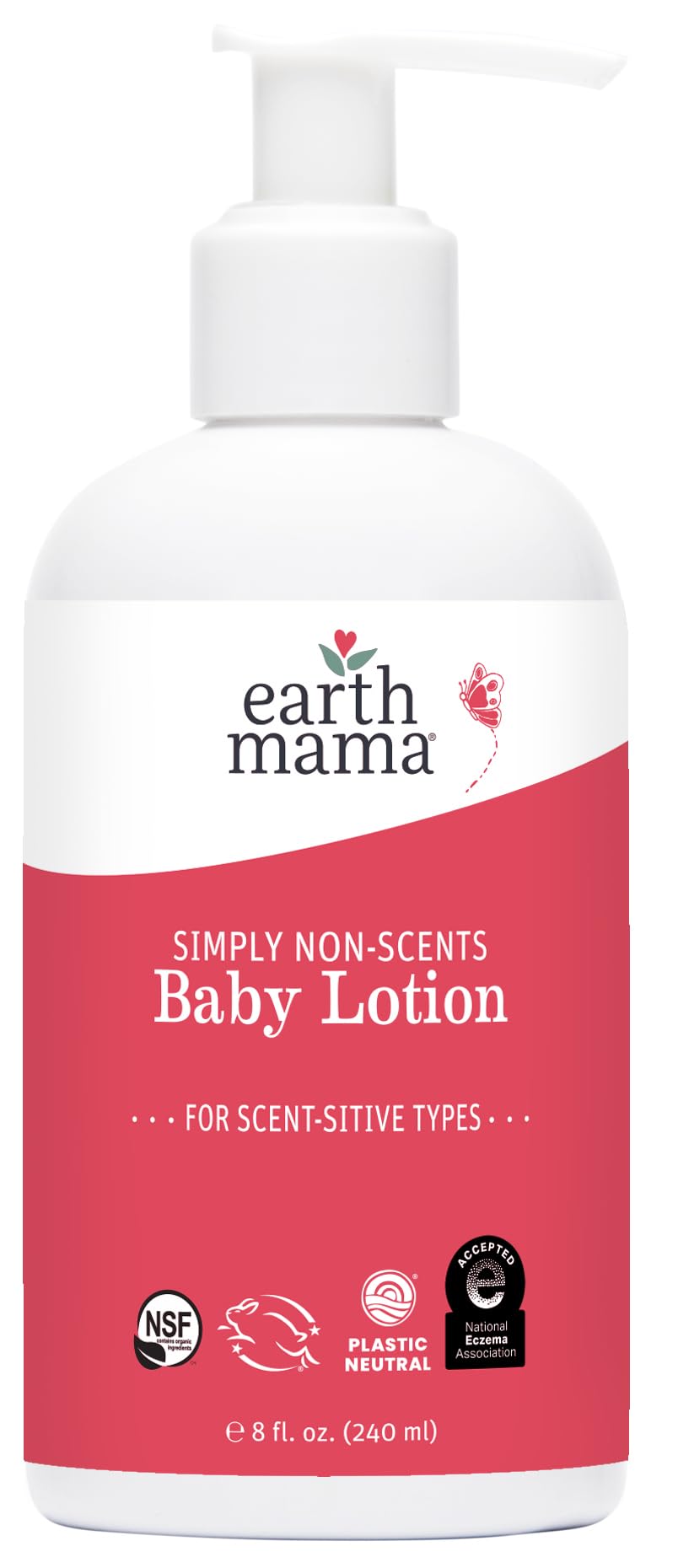 Earth Mama Simply Non-Scents Baby Lotion bottle showing fragrance-free hydration for sensitive skin