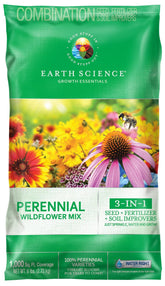 Earth Science Perennial Wildflower Mix bag showing all-in-one planting kit with seeds and conditioners