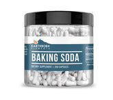 Earthborn Elements baking soda capsules in bottle; pure sodium bicarbonate for versatile home use.