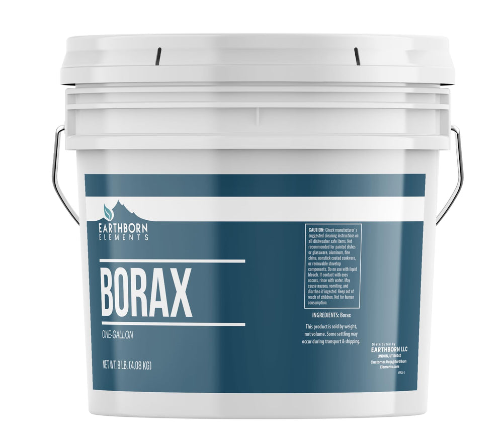 Earthborn Elements Borax Powder in a 1-gallon bucket for multipurpose cleaning.