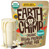 EarthChimp vanilla organic vegan protein powder bottle for plant-based meals.