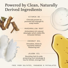 The Earthling Co. natural ingredients showcase marshmallow root and jojoba for nourishing hair.