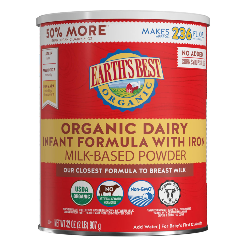 Earth's Best Organic Baby Formula dairy with iron and DHA shown for growing babies