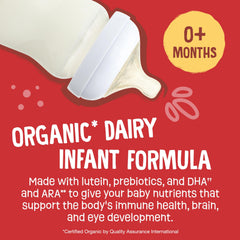 Earth's Best Organic Baby Formula label closeup showing lutein and prebiotics for eye and digestion support