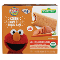 Earth's Best Organic Sunny Days snack bars box front, kid-friendly packaging for quick toddler snacking