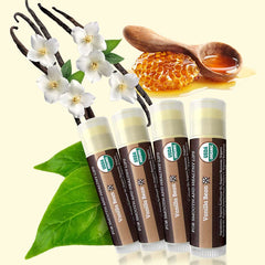 Earth's Daughter vanilla lip balm 4-pack tubes ready for on-the-go moisture.