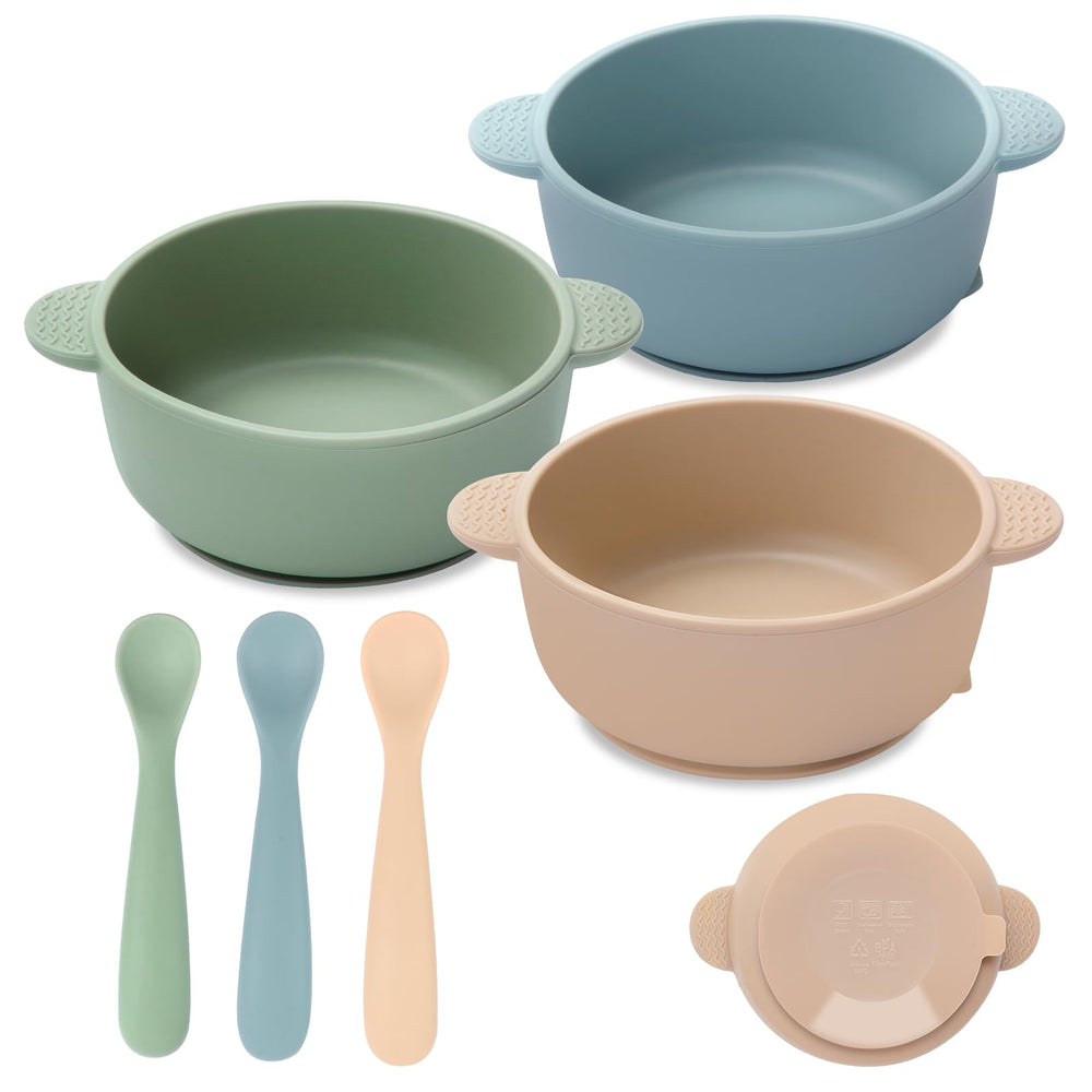 Eascrozn baby bowls with suction base securely attached on a table for steadier meals