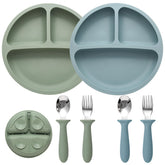 Eascrozn baby feeding set with plates, spoons and forks for easy self-feeding.