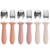 Eascrozn toddler utensils with colorful silicone handles for easy self-feeding.