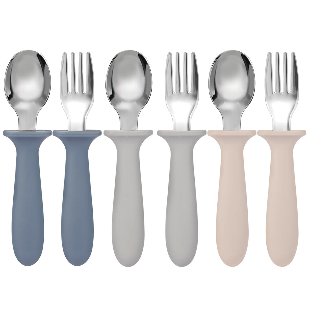 Eascrozn toddler utensils set with colorful spoons and forks for self-feeding.