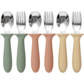Eascrozn toddler utensils in three colors for independent eating.