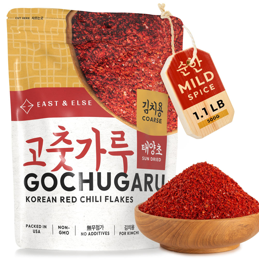 East and Else Gochugaru bulk bag closeup for kimchi fermentation flavor.