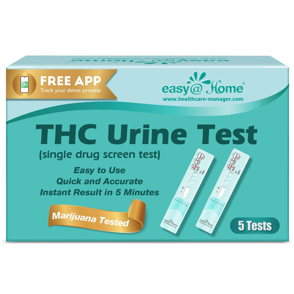 Easy@Home THC test kit 5-pack packaging for discreet home testing.