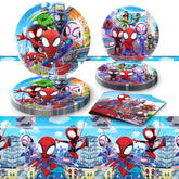 Eazyco Spidey plates and napkins create a vibrant birthday table setup.