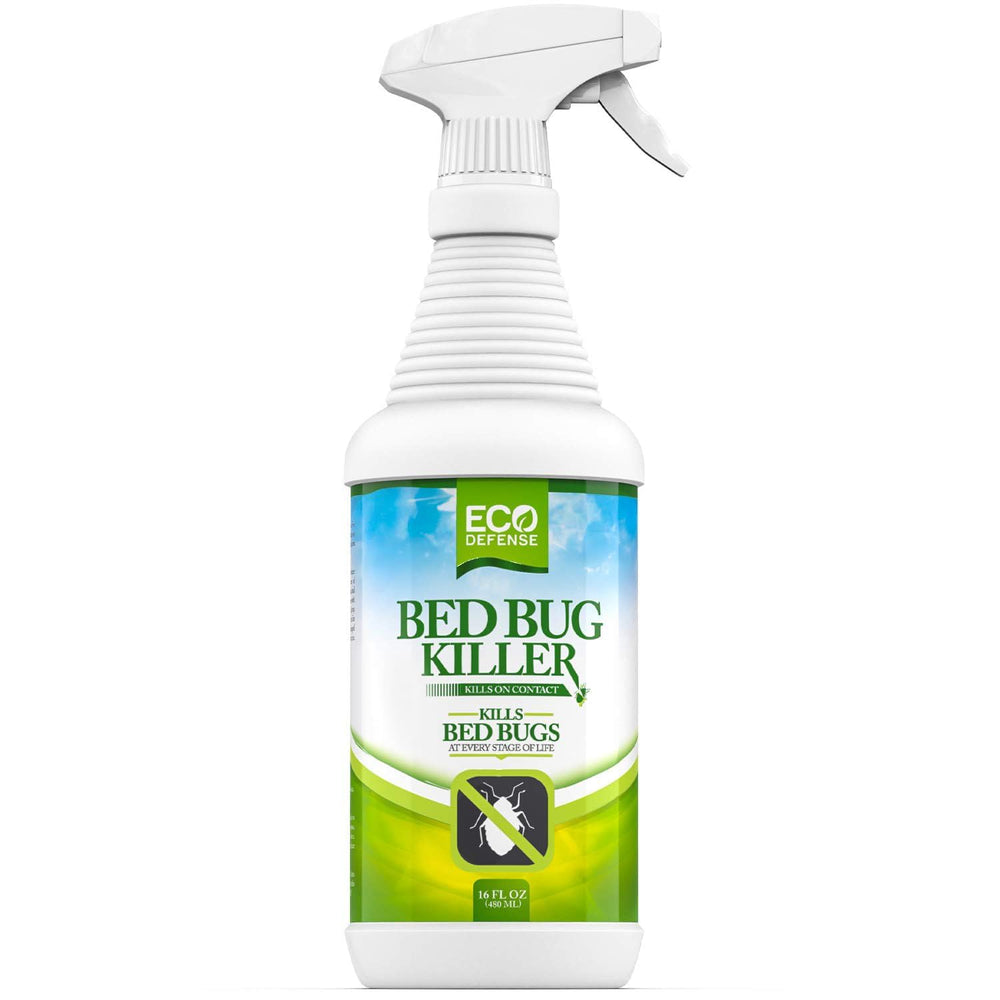 Eco Defense Bed Bug Killer spray bottle on bedding for quick, natural protection.