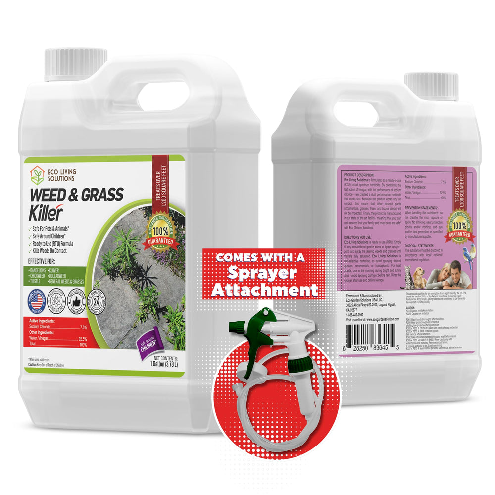 Eco Garden Pro Weed Killer bottle shown for safe, effective lawn and driveway weed control.