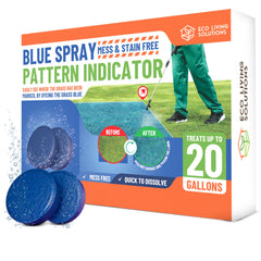 Eco Living Solutions blue dye tablet improves spray pattern visibility for precise lawn applications.