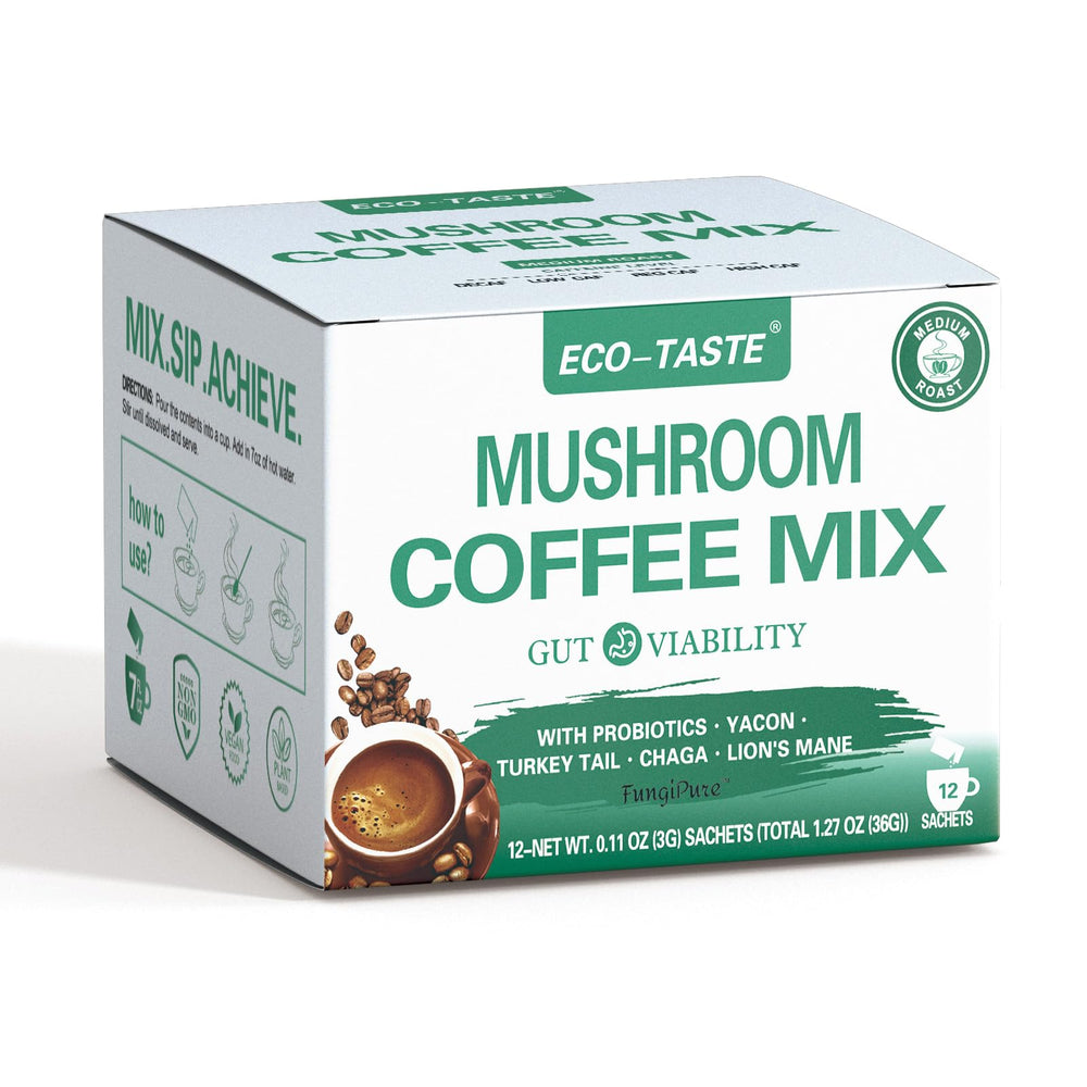 ECO-TASTE Mushroom Coffee Mix bottle ready for a gut-friendly morning ritual