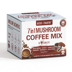 ECO-TASTE mushroom coffee sachet close-up, premium ingredients for daily energy