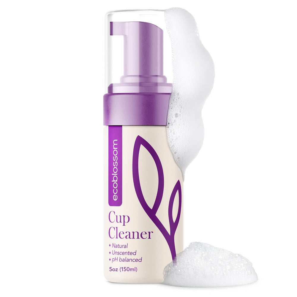 EcoBlossom menstrual cup cleaner bottle pump pour for easy on-the-go cleansing.