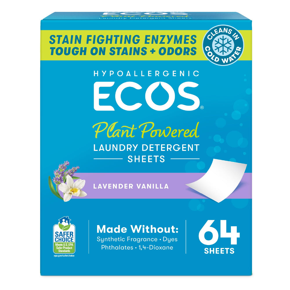 ECOS laundry sheets with plastic-free packaging for sustainable washing.
