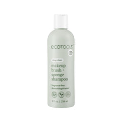 EcoTools makeup brush shampoo bottle shown for fragrance-free, gentle cleaning of tools.