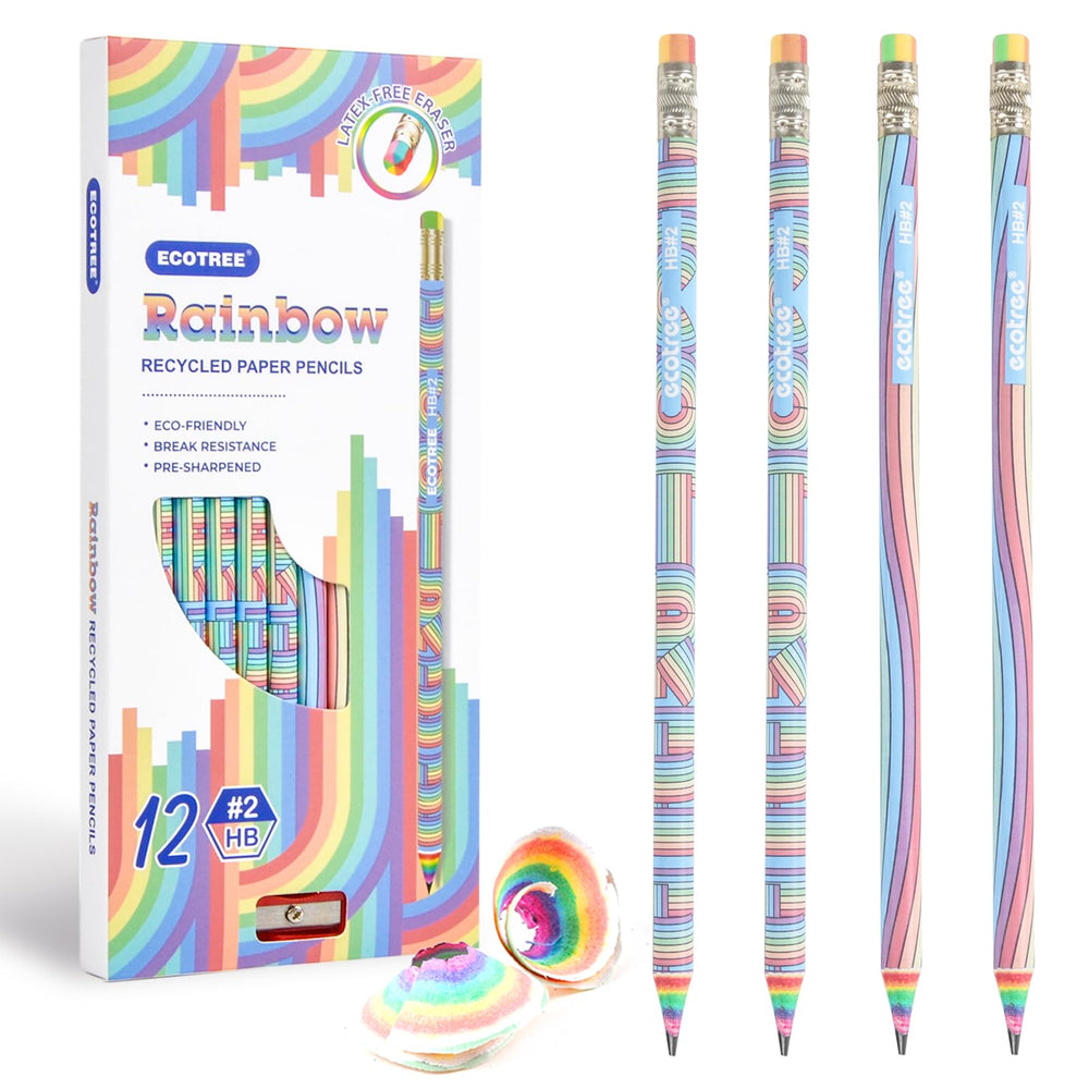 ECOTREE Pencils #2 pre-sharpened rainbow wood for school writing.