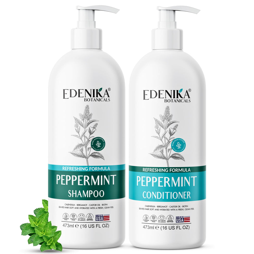 EDENIKA BOTANICALS peppermint shampoo bottle front for refreshing scalp cleansing