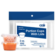EDI clear 2 oz disposable cups with leakproof lids for spill-free transport