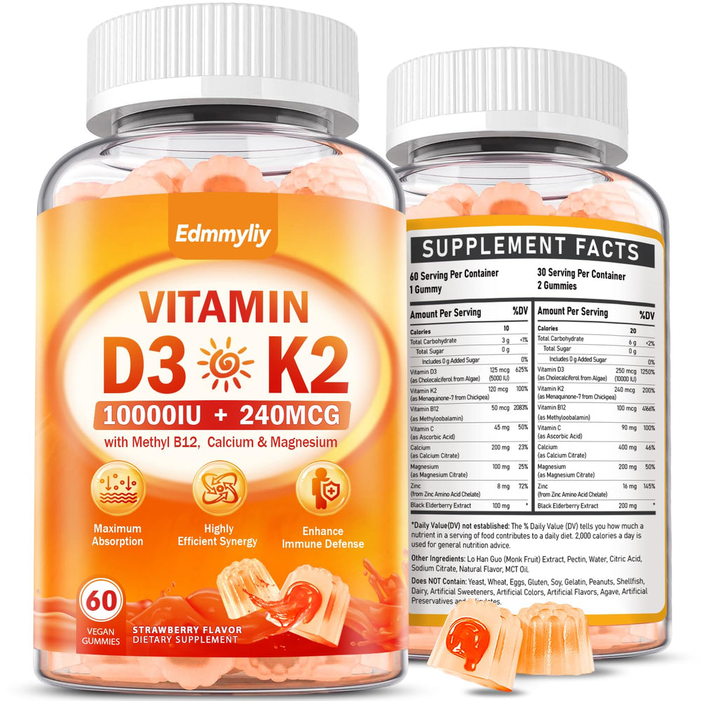Edmmyliy Vitamin D3 K2 gummies bottle closeup showing a potent wellness boost.