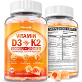 Edmmyliy Vitamin D3 K2 gummies bottle closeup showing a potent wellness boost.