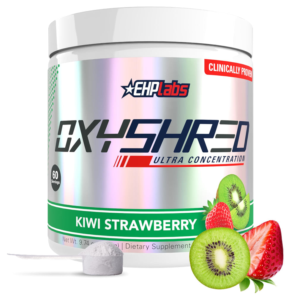 EHP Labs OxyShred kiwi strawberry powder bottle ready for a pre-workout energy boost