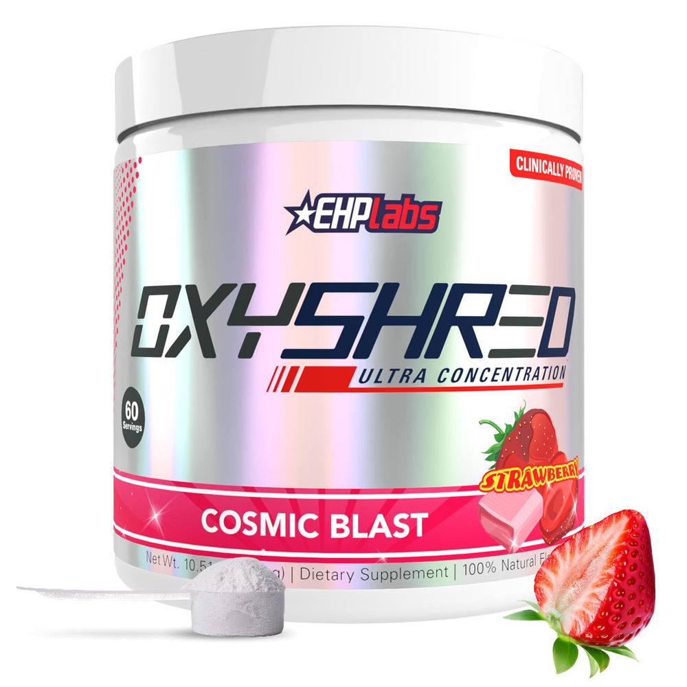 EHP Labs OxyShred Cosmic Blast tub ready for pre-workout energy boosts.