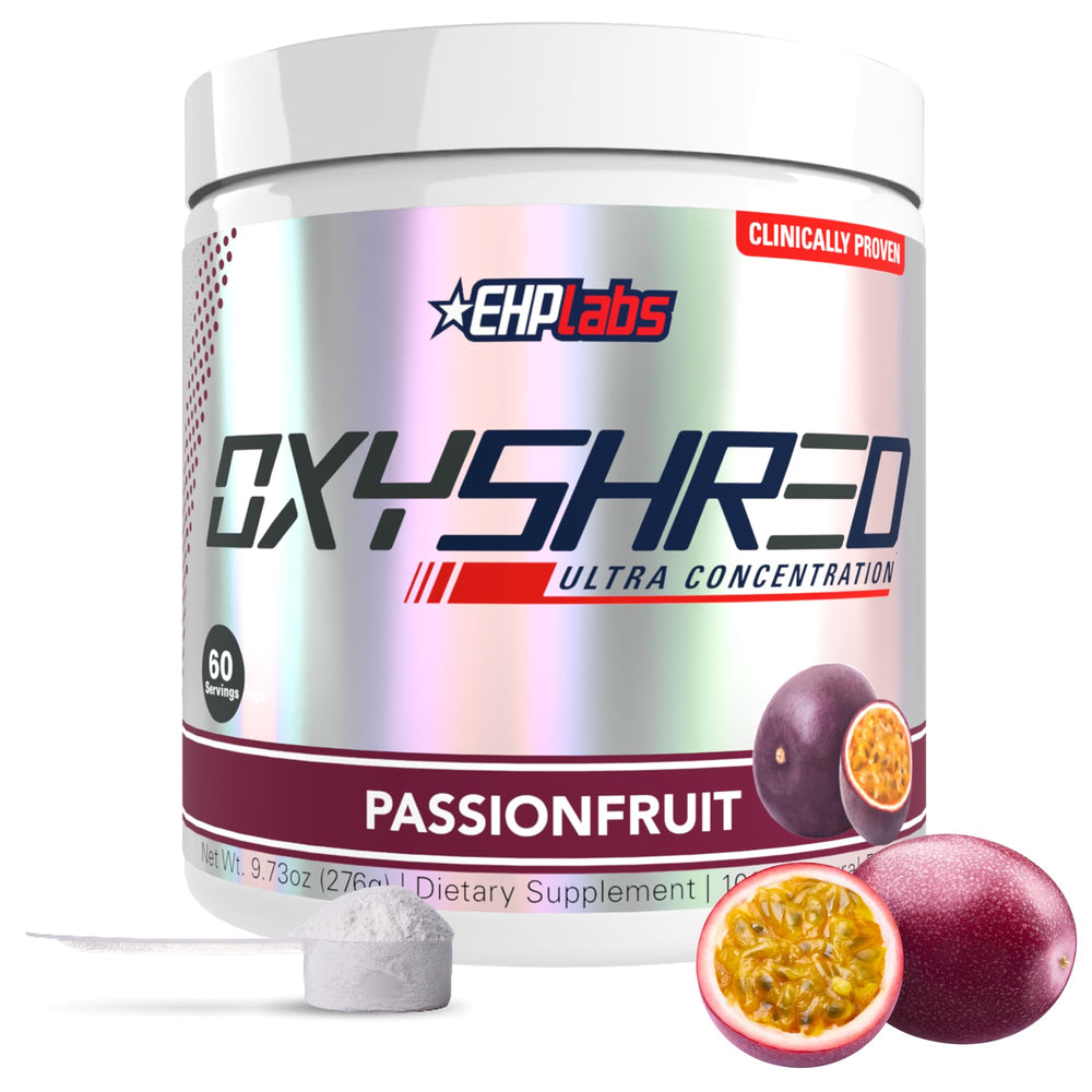 EHP Labs OxyShred passionfruit tub front, energizing energy boost.