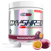 EHP Labs OxyShred passionfruit tub front, energizing energy boost.
