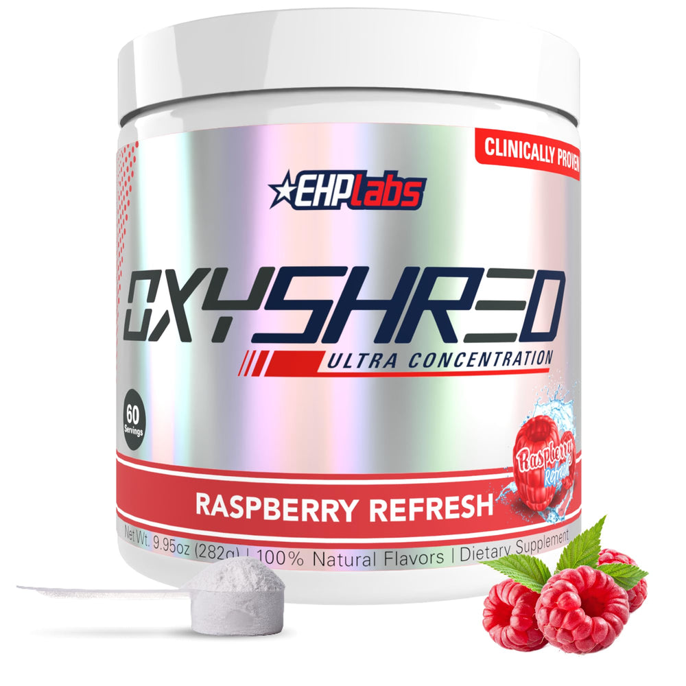 EHP Labs OxyShred powder tub front shows Raspberry Refresh, ideal for energized workouts.