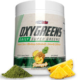 EHP Labs OxyGreens tub front view showing pineapple greens powder and serving idea