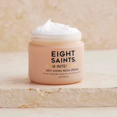Eight Saints Neck Cream Jar Closeup demonstrating nourishing cream for elasticity and hydration.