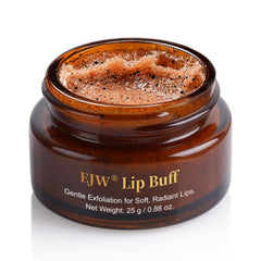 EJW Triple-Action Lip Scrub jar close-up showing creamy texture for gentle exfoliation and hydration.