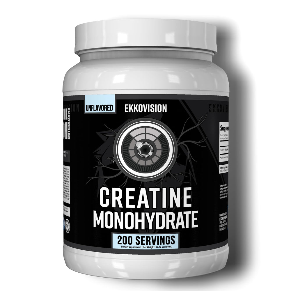 Ekkovision Creatine bottle close-up showing micronized powder for easy mixing