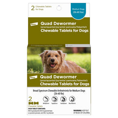 Elanco Quad Dewormer packaging for dogs, compact and easy to store.